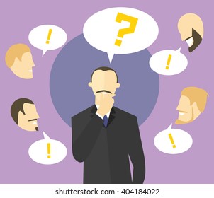 Making decision concept. Boss doubts. Colleagues give advices. Businessman unsure. Doubtful and confident man. Vector flat style illustration. 