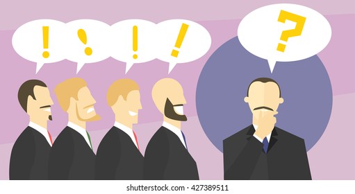 Making decision concept. Boss doubts. Colleagues give advices. Businessman unsure. Doubtful and confident man. Vector flat style illustration. 