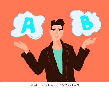 making decision concept symbol with two option a and b with hand choose one of it. Choice way concept. Decision business metaphor. showing gesture with palms, choosing options. Businessman choosing