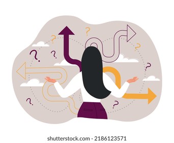 Making decision concept. Young girl evaluates ways and strategies of development. Planning and creative process, character overcomes mental impasse, brainstorming. Cartoon flat vector illustration