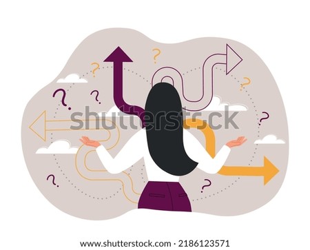 Making decision concept. Young girl evaluates ways and strategies of development. Planning and creative process, character overcomes mental impasse, brainstorming. Cartoon flat vector illustration