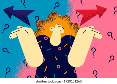 Making decision, doubt, different ways concept. Frustrated woman spreading outstretched arms trying to choose right or left direction and right way path to go feeling uncertain illustration