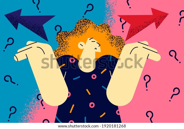 Making decision, doubt, different ways\
concept. Frustrated woman spreading outstretched arms trying to\
choose right or left direction and right way path to go feeling\
uncertain illustration