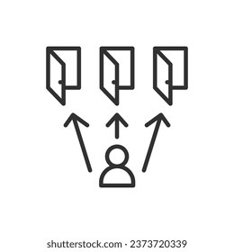 Tomar una decisión, icono lineal. Elegir el camino y la dirección. Elegir qué puerta atravesar. Línea con trazo editable