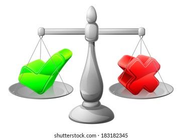Making decision scales concept with positive and negatives being considered, in the form of a green tick and a red cross
