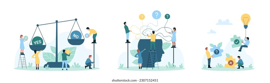 Making decision set vector illustration. Cartoon tiny people compare risk and benefit of yes and no choices on scales, think on analysis of multiple questions in head, holding puzzle and light bulb