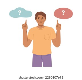 Making decision and showing choice, isolated man asking to select option. Alternatives and possibilities, answers and solution selection. Vector in flat cartoon illustration