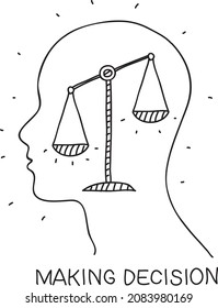 Making decision - sketchy vector illustration. Head with the weight scales in the center. Emotion icon.