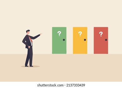 making decision, success or failure concept. Businessman standing in front of many colourful doors trying to choose one looking at way to unknown future and opportunity.