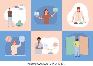 Making decisions and choices concept flat set with people deciding between two situations isolated vector illustration