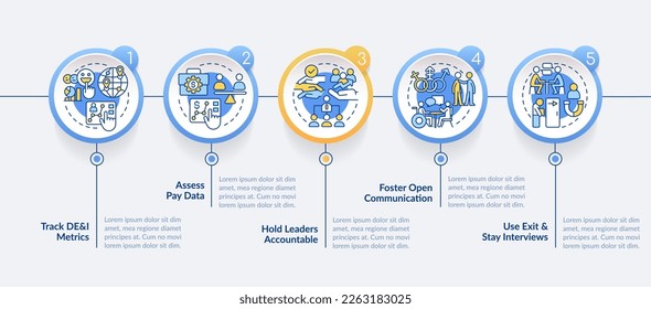 Hacer que los esfuerzos de la DEI sean prácticas efectivas plantilla de infografía de círculo. Visualización de datos con 5 pasos. Gráfico de información de línea de tiempo editable. Diseño de flujo de trabajo con iconos de línea. Lato-Bold, fuentes regulares usadas