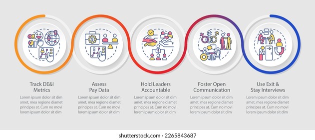 Making DEI efforts effective practices loop infographic template. Data visualization with 5 steps. Editable timeline info chart. Workflow layout with line icons. Myriad Pro-Regular font used