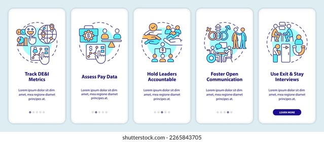 Making DEI efforts effective practices onboarding mobile app screen. Walkthrough 5 steps editable graphic instructions with linear concepts. UI, UX, GUI template. Myriad Pro-Bold, Regular fonts use