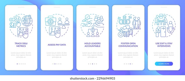 Making DEI efforts efficiency blue gradient onboarding mobile app screen. Walkthrough 5 steps graphic instructions with linear concepts. UI, UX, GUI template. Myriad Pro-Bold, Regular fonts use