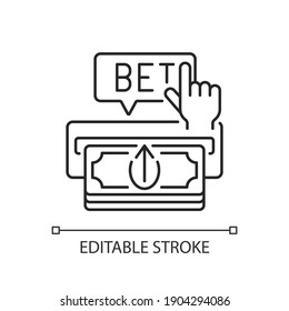 Making deposit linear icon. Cash transfer. Joining online gambling site. Payment method. Thin line customizable illustration. Contour symbol. Vector isolated outline drawing. Editable stroke