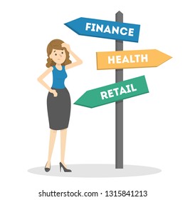 Making difficult choice after graduation. Person stand on the crossroad and choose future occupation. Know your strengths. Isolated vector illustration in cartoon style