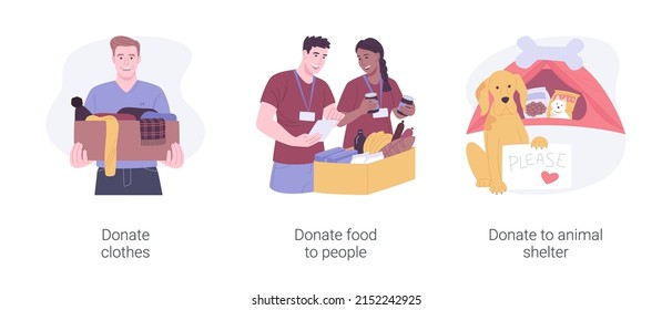 Making donations isolated cartoon vector illustrations set. Person holds charity box with toys and clothes, volunteering, giving food to homeless, donate supplies for animal shelter vector cartoon.