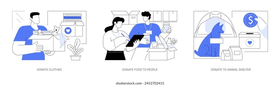 Making donations isolated cartoon vector illustrations set. Person holds charity box with toys and clothes, volunteering, giving food to homeless, donate supplies for animal shelter vector cartoon.