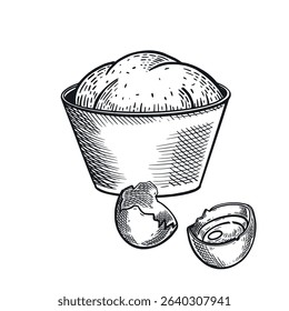 Making dough, baking, bowl with ready dough and cracked chicken egg, all objects are hand drawn in vector in gray color. Vector illustration of cooking. For printing on fabric, paper.