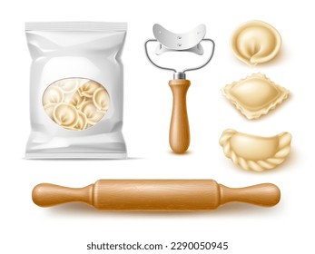 Making dumplings accessories. Realistic packaged product, dough with meat filling, delicious asian and caucasian food, wooden rolling pin, 3d isolated elements blank packaging utter vector set