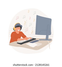 Haciendo la música electrónica aislada ilustración vectorial de dibujos animados. Niño adolescente feliz componiendo música electrónica, hombre con auriculares sentado frente a una laptop, dibujos vectoriales de estilo de vida adolescente.