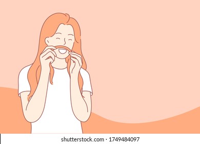 Making faces, having fun concept. Young happy laughing smiling woman girl teenager student cartoon character doing moustache from her hairs. Fooling around on camera and funny recreation illustration.