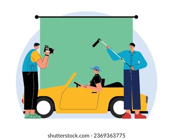 Making a film in a studio using a green screen, application of modern technology, industrial film vector illustration.