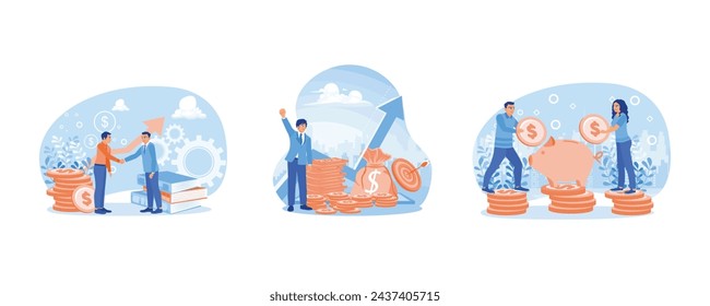 Making a financial deal. Investing money in mutual funds. Save money in a piggy bank. Investment concept. Set flat vector illustration.