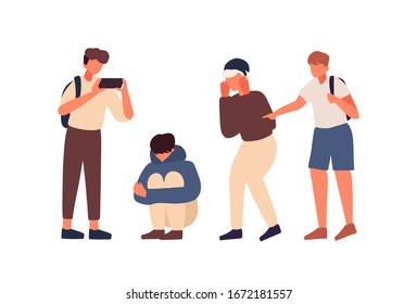 Ilustración de diseño vectorial plano de estilo Primer Día de Movimiento. Concepto de adolescente triste sentado en el suelo rodeado de compañeros de clase burlándose de él, burlándose, tomando fotos e intimidando al colegio.