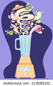 Making fruit fresh smoothie in electric blender, preparation healthy organic food. Kiwi, peach, cherry, apple and mango juice in a flat cartoon style. Vector illustration