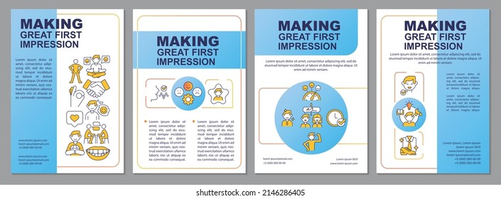 Making Great First Impression Blue Brochure Template. Leaflet Design With Linear Icons. 4 Vector Layouts For Presentation, Annual Reports. Arial-Black, Myriad Pro-Regular Fonts Used