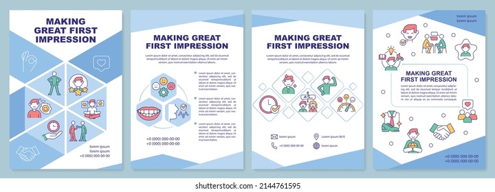 Making great first impression brochure template. Opinion and assessment. Leaflet design with linear icons. 4 vector layouts for presentation, annual reports. Arial-Black, Myriad Pro-Regular fonts used