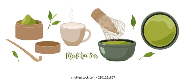 Making green tea matcha. Set with matcha attributes. Open Bamboo tea Canisters full Powdered Matcha Green Tea, spoon, Matcha Brush, bowl, water cup. Traditional Japanese drink. Flat vector.