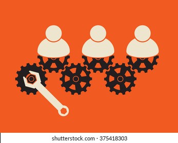 making group working together, by turning gear
