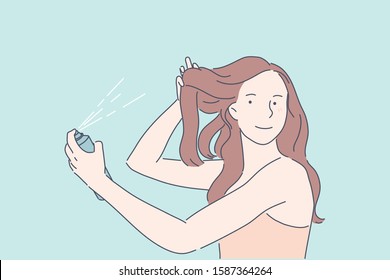 Making Hairdo, Hair Volume, Beauty Procedure Concept. Young Lady Using Hair Spray. Pretty Woman, Model Demonstrating Hairspray, Dry Shampoo Efficiency. Beauty Industry Product. Simple Flat Vector
