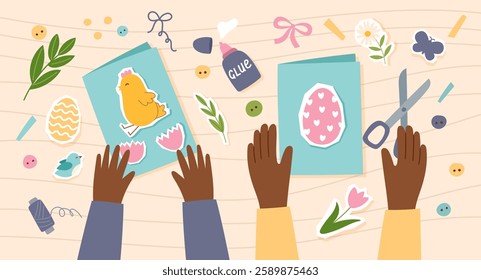 Making a handmade Easter greeting cards. Easter banner. Concept of eco-friendly Easter, sustainability, family. Vector hand drawn background with people hands making greeting cards.