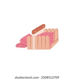 Hacer jabón natural hecho a mano, cortado en un molde especial forma de Vector ilustración plana. Creación de productos de higiene o belleza. Taller sobre cosméticos de aromaterapia para baño artesanal, accesorio de spa