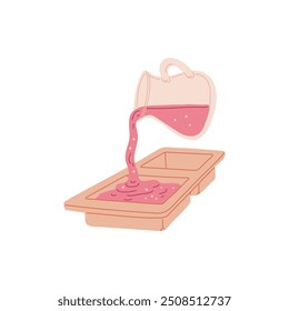 Making handmade natural soap, pours the soap mixture from jar into a special mold form vector flat illustration. Hygiene or beauty product creation. Workshop on craft bathing aromatherapy cosmetic