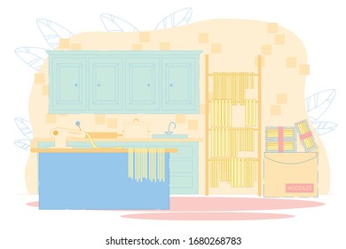 Making Handmade Pasta Flat Cartoon Vector Illustration. Italian Homemade Traditional Kitchen Equipment on Table. Drying Noodles on Shelves. Interior with Dough and Rolling Pin. Packaged Food.