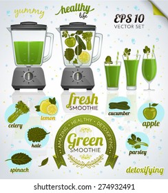 Making a healthy detoxifying green smoothie (vector illustration of blenders, glasses, fruits, drinks, badges)