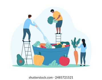 Making healthy vegetable salad in bowl, cooking healthy diet menu. Tiny people holding chefs fork, broccoli and carrot to cook dish of vegetarian recipe and eat together cartoon vector illustration