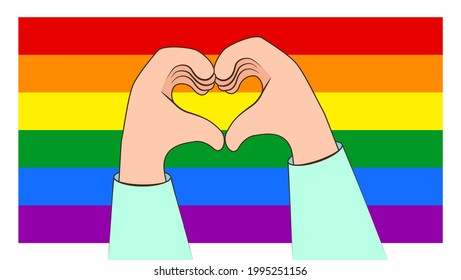 Making Heart with Hands  on a LGBT rainbow flag background. Concept of LGBT pride