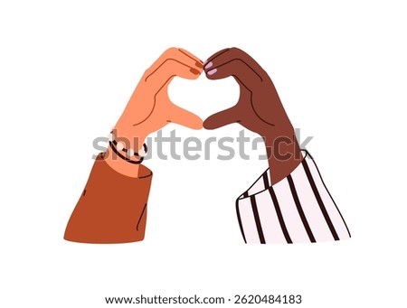 Making heart shape with two female hands together. Forming love symbol, bonding diverse women. Romantic valentine gesture, girls friends couple. Flat vector illustration isolated on white background
