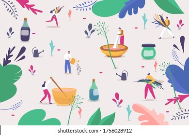 Making herbal natural cosmetic for skin care, vector illustration. People character pick colorful grass and flowers, mixing plants leaf in bowl. Medicine in jars, organic body treatment.