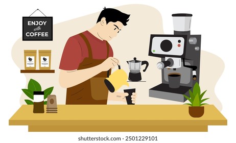 Haciendo Café Caliente, Barista Vierte Café En La Taza. Haciendo café con máquina moderna. Ilustración del hombre plano de la historieta que trabaja en el café, expreso, equipo del café