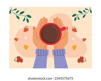 Preparar café caliente durante la temporada de otoño usando ropa caliente debido al clima frío, comodidad en casa con hojas caídas. Diseños de caracteres. Ilustración plana del vector