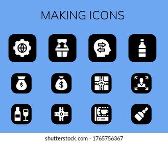making icon set. 12 filled making icons.  Simple modern icons such as: Options, Money bag, Wine, Witness, Crossroad, Confused, 3d printing scanner, Decision making, Fermentation