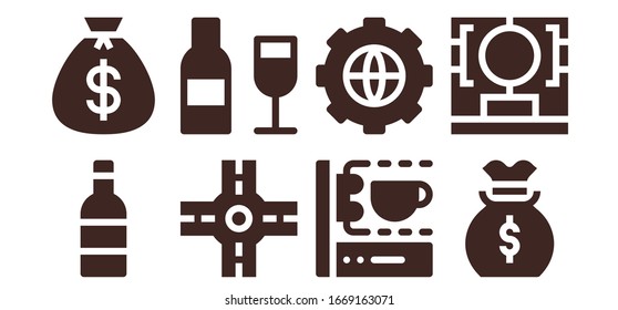 making icon set. 8 filled making icons. Included Wine, Money bag, Crossroad, 3d printing scanner, Options icons