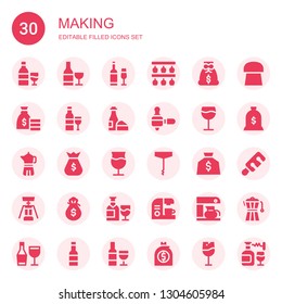 making icon set. Collection of 30 filled making icons included Wine, Bottle rack, Money bag, Coffee maker, Corkscrew, Cork