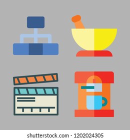 making icon set. vector set about clapperboard, coffee maker, mortar and hierarchical structure icons set.